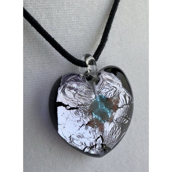 Art Glass Heart Pendant On Cord Dichroic Handcrafted Fused Lampwork 1.5” - Picture 11 of 16